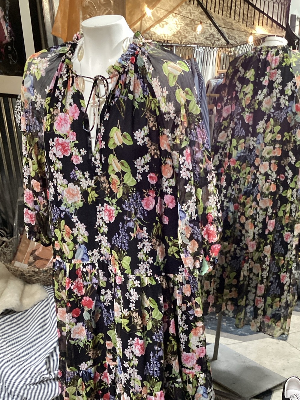 Black Floral Tiered Maxi Dress with Puff Sleeves and Tie Neck Zara lite